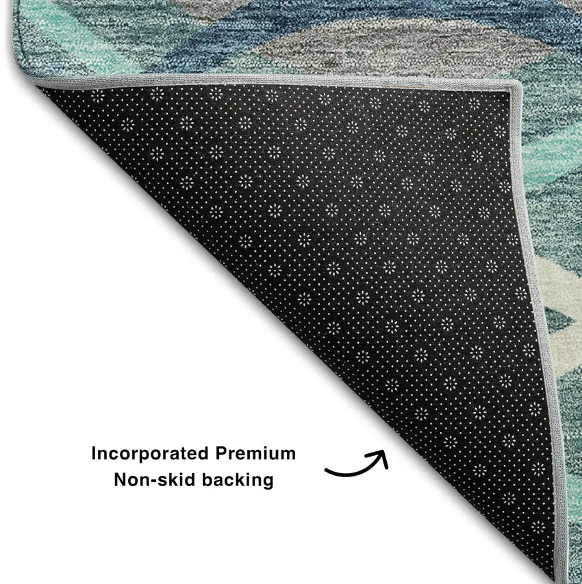 8' Teal Ivory And Gray Abstract Washable Round Rug With UV Protection Photo 6