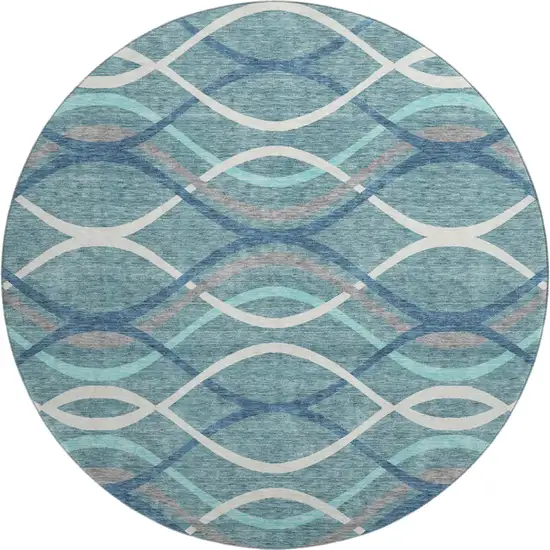 8' Teal Ivory And Gray Abstract Washable Round Rug With UV Protection Photo 1
