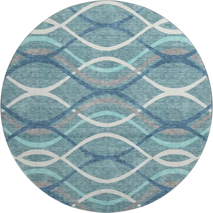 8' Teal Ivory And Gray Abstract Washable Round Rug With UV Protection Photo 1
