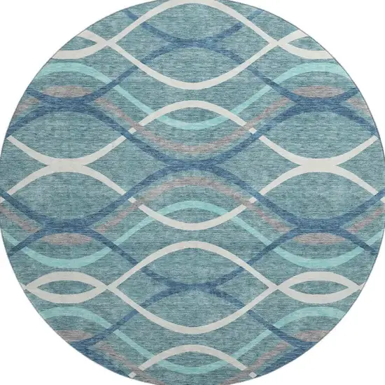 8' Teal Ivory And Gray Abstract Washable Round Rug With UV Protection Photo 4