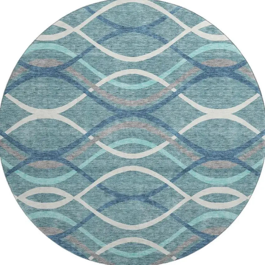 8' Teal Ivory And Gray Abstract Washable Round Rug With UV Protection Photo 4