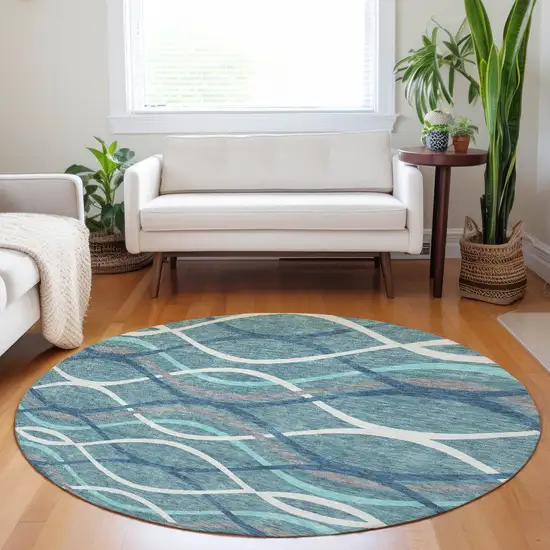 8' Teal Ivory And Gray Abstract Washable Round Rug With UV Protection Photo 5