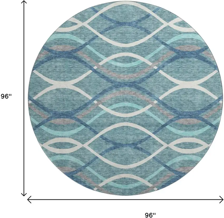 8' Teal Ivory And Gray Abstract Washable Round Rug With UV Protection Photo 3