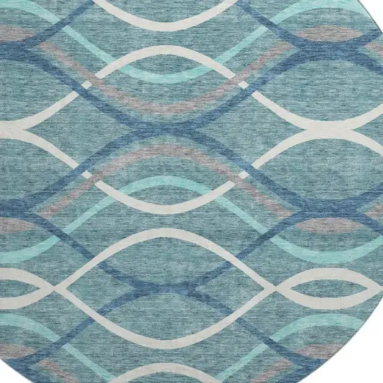 8' Teal Ivory And Gray Abstract Washable Round Rug With UV Protection Photo 3