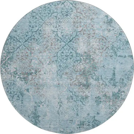 8' Teal Ivory And Gray Abstract Washable Round Rug With UV Protection Photo 1