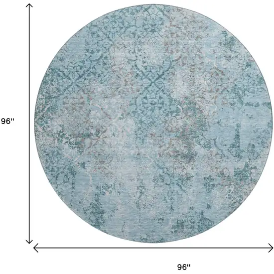 8' Teal Ivory And Gray Abstract Washable Round Rug With UV Protection Photo 3