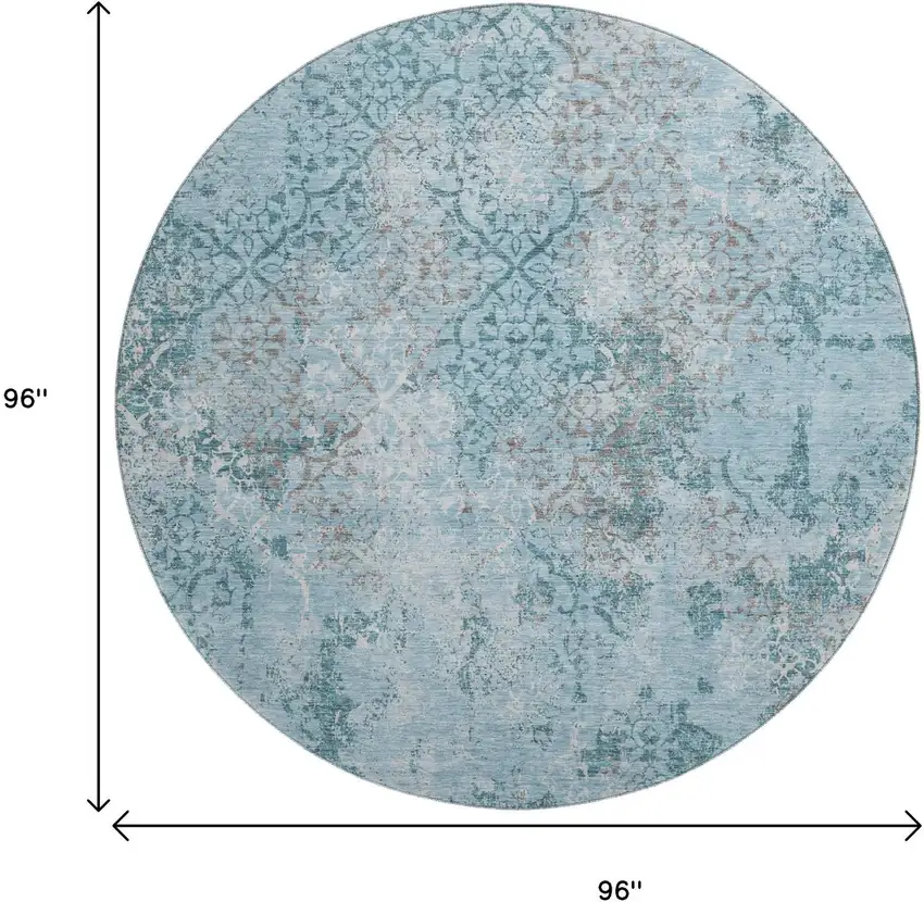 8' Teal Ivory And Gray Abstract Washable Round Rug With UV Protection Photo 3
