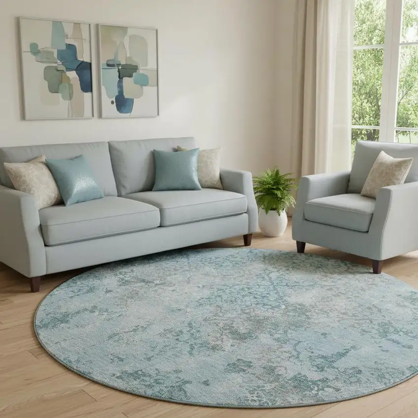 8' Teal Ivory And Gray Abstract Washable Round Rug With UV Protection Photo 1