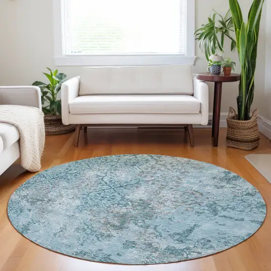 8' Teal Ivory And Gray Abstract Washable Round Rug With UV Protection Photo 5