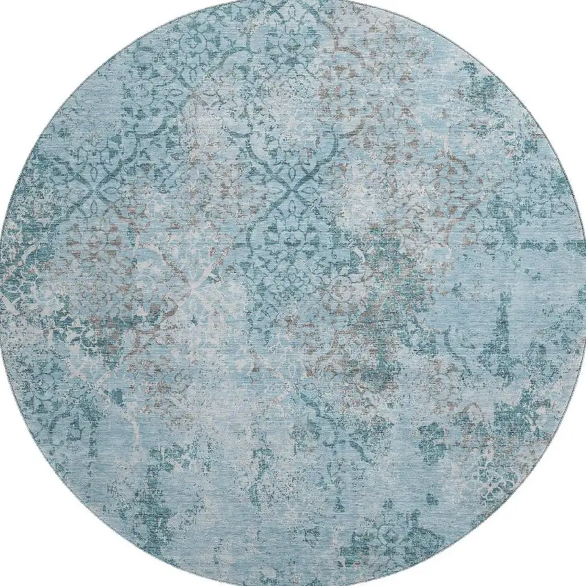 8' Teal Ivory And Gray Abstract Washable Round Rug With UV Protection Photo 4