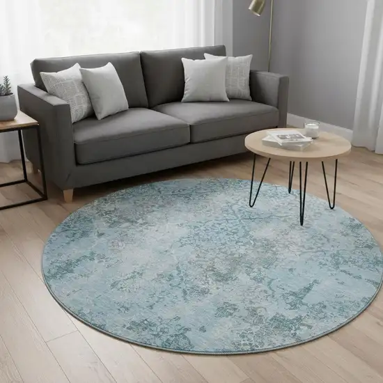 8' Teal Ivory And Gray Abstract Washable Round Rug With UV Protection Photo 2