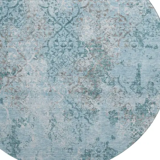 8' Teal Ivory And Gray Abstract Washable Round Rug With UV Protection Photo 3