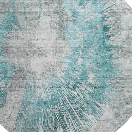 8' Teal Ivory And Gray Abstract Washable Round Rug With UV Protection Photo 3