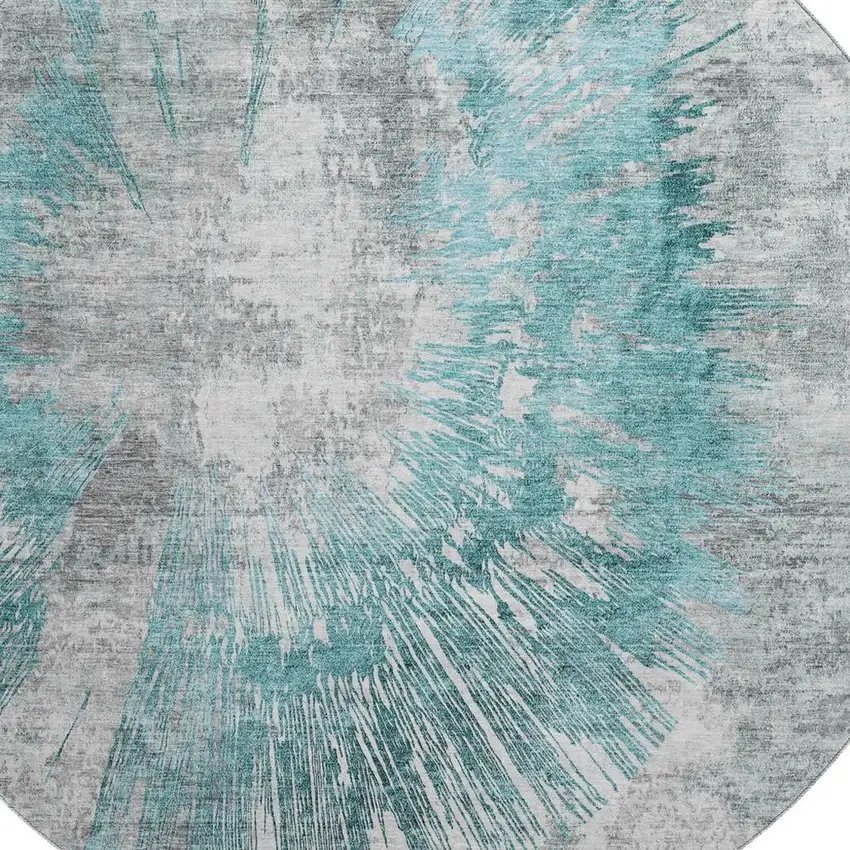 8' Teal Ivory And Gray Abstract Washable Round Rug With UV Protection Photo 3