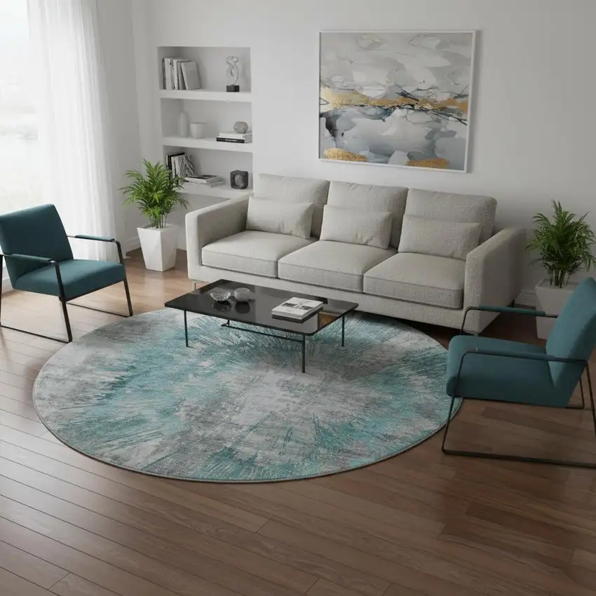 8' Teal Ivory And Gray Abstract Washable Round Rug With UV Protection Photo 2