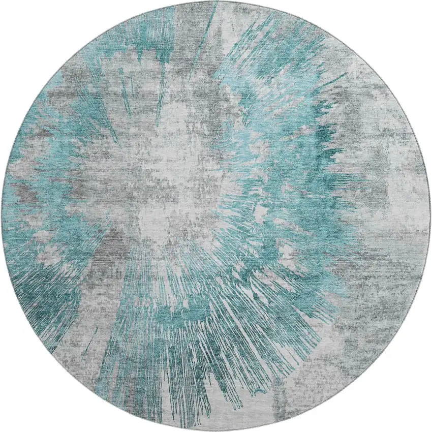 8' Teal Ivory And Gray Abstract Washable Round Rug With UV Protection Photo 1
