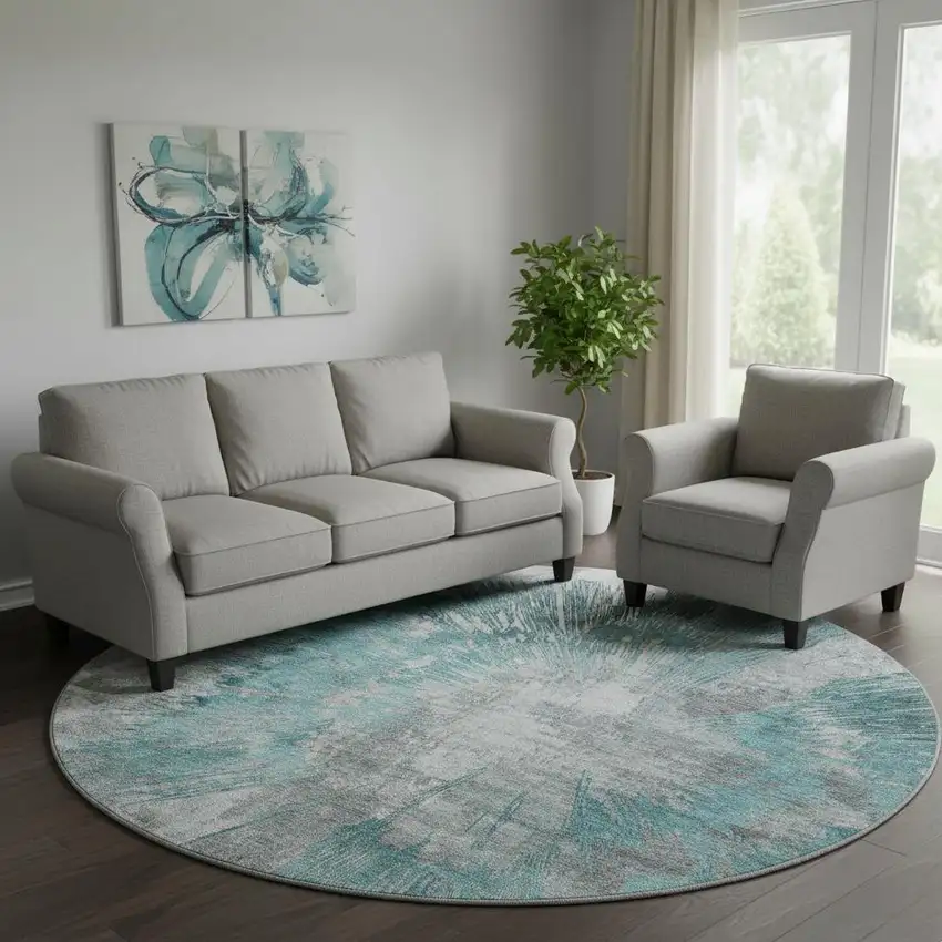 8' Teal Ivory And Gray Abstract Washable Round Rug With UV Protection Photo 1