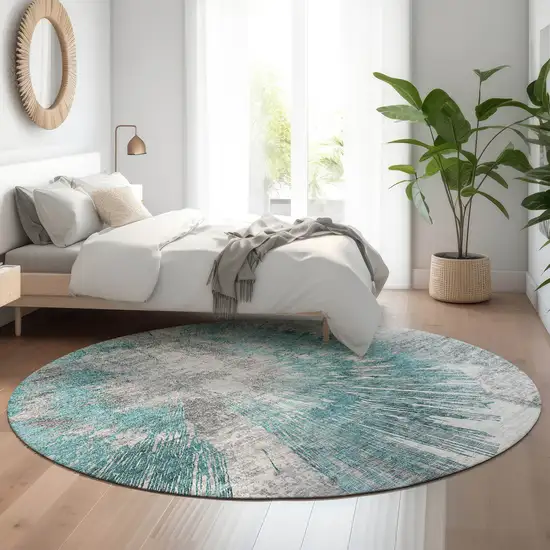 8' Teal Ivory And Gray Abstract Washable Round Rug With UV Protection Photo 5