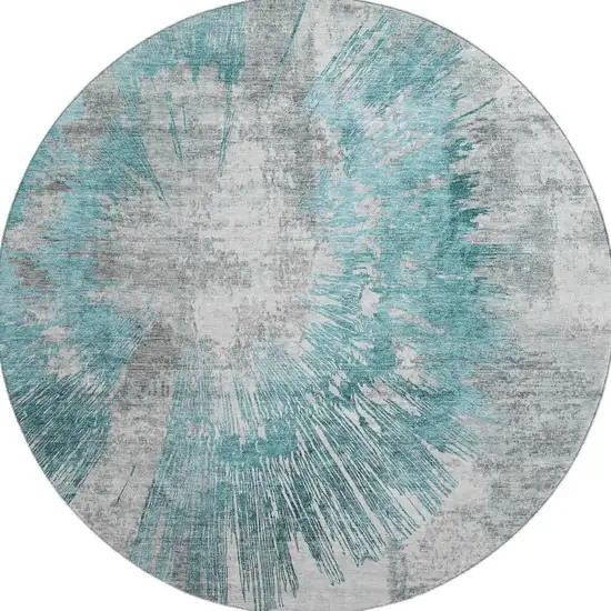 8' Teal Ivory And Gray Abstract Washable Round Rug With UV Protection Photo 4