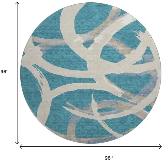 8' Teal Ivory And Gray Abstract Washable Round Rug With UV Protection Photo 9