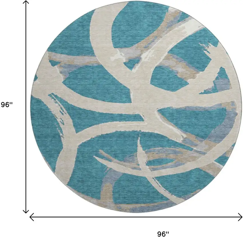 8' Teal Ivory And Gray Abstract Washable Round Rug With UV Protection Photo 9