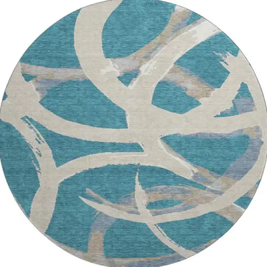8' Teal Ivory And Gray Abstract Washable Round Rug With UV Protection Photo 3