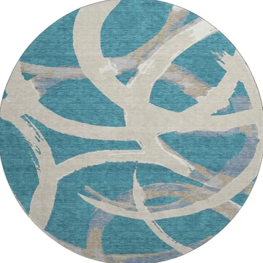 8' Teal Ivory And Gray Abstract Washable Round Rug With UV Protection Photo 3