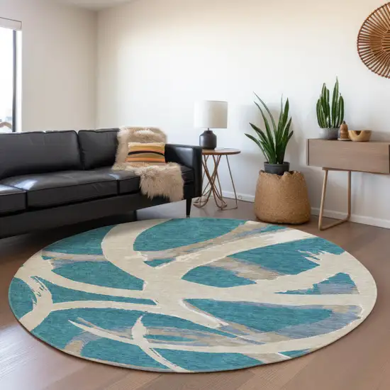 8' Teal Ivory And Gray Abstract Washable Round Rug With UV Protection Photo 4