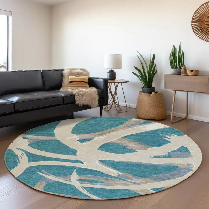 8' Teal Ivory And Gray Abstract Washable Round Rug With UV Protection Photo 4