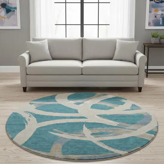 8' Teal Ivory And Gray Abstract Washable Round Rug With UV Protection Photo 2
