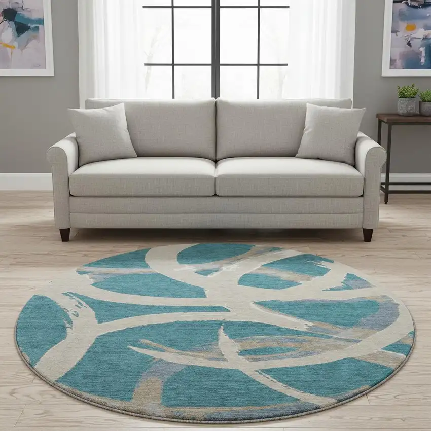 8' Teal Ivory And Gray Abstract Washable Round Rug With UV Protection Photo 2
