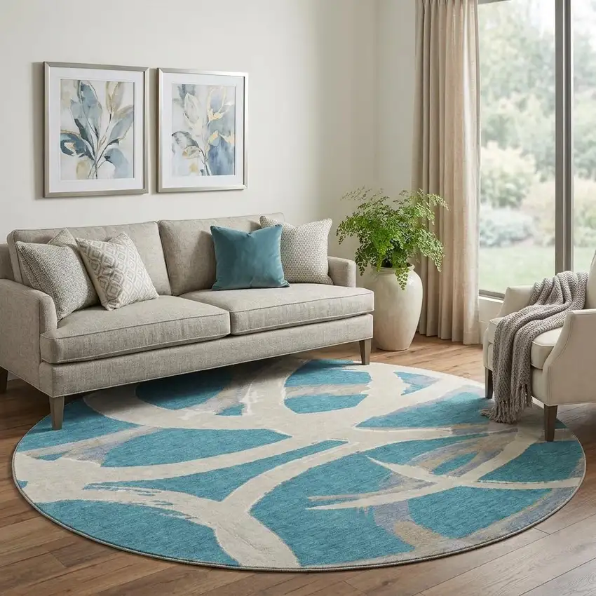 8' Teal Ivory And Gray Abstract Washable Round Rug With UV Protection Photo 1