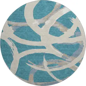 Photo of 8' Teal Ivory And Gray Abstract Washable Round Rug With UV Protection