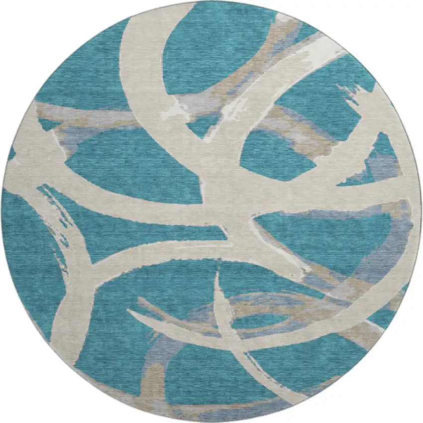 8' Teal Ivory And Gray Abstract Washable Round Rug With UV Protection Photo 1