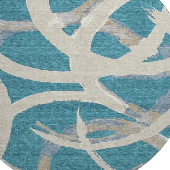 8' Teal Ivory And Gray Abstract Washable Round Rug With UV Protection Photo 2