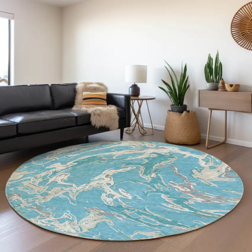 8' Teal Ivory And Gray Abstract Washable Round Rug With UV Protection Photo 3