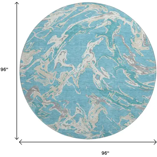 8' Teal Ivory And Gray Abstract Washable Round Rug With UV Protection Photo 8
