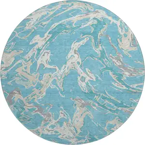Photo of 8' Teal Ivory And Gray Abstract Washable Round Rug With UV Protection