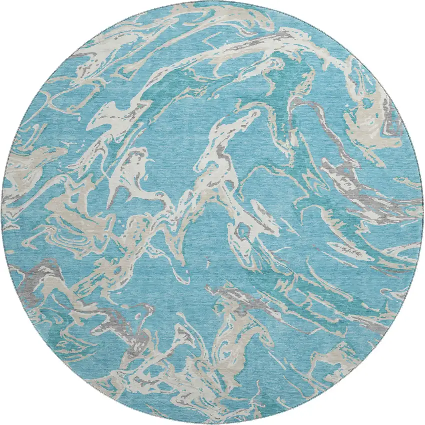 8' Teal Ivory And Gray Abstract Washable Round Rug With UV Protection Photo 1