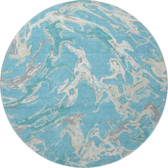 8' Teal Ivory And Gray Abstract Washable Round Rug With UV Protection Photo 2