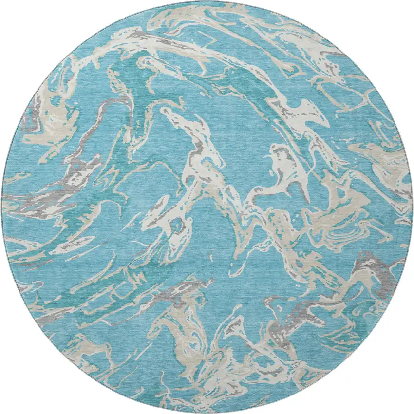 8' Teal Ivory And Gray Abstract Washable Round Rug With UV Protection Photo 2