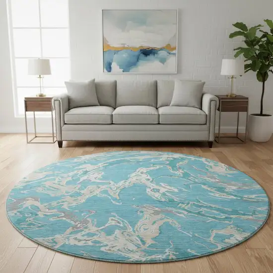 8' Teal Ivory And Gray Abstract Washable Round Rug With UV Protection Photo 2