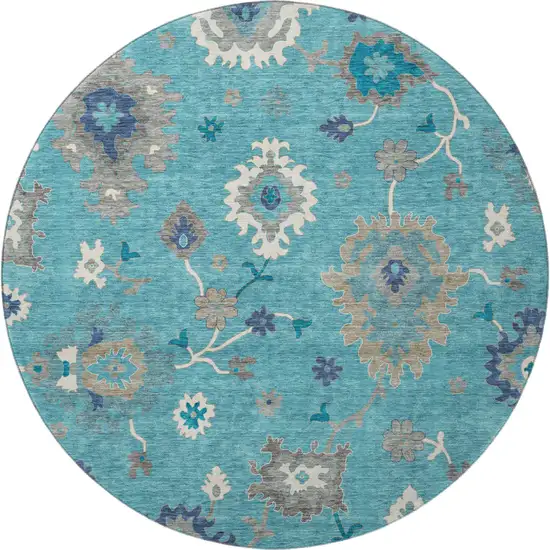 8' Teal Ivory And Gray Floral Medallion Washable Round Rug With UV Protection Photo 4