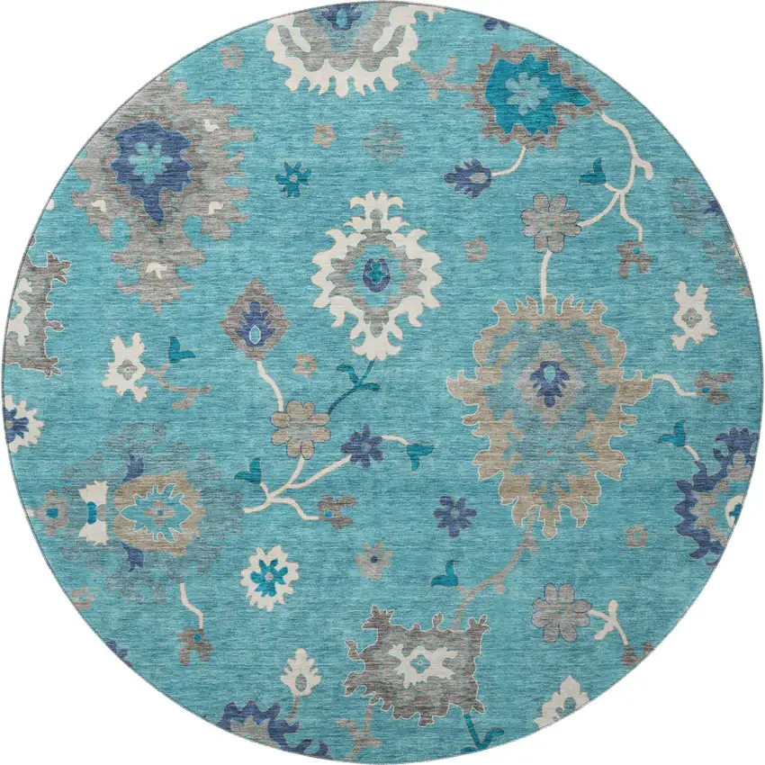 8' Teal Ivory And Gray Floral Medallion Washable Round Rug With UV Protection Photo 4