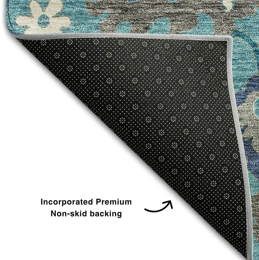 8' Teal Ivory And Gray Floral Medallion Washable Round Rug With UV Protection Photo 6