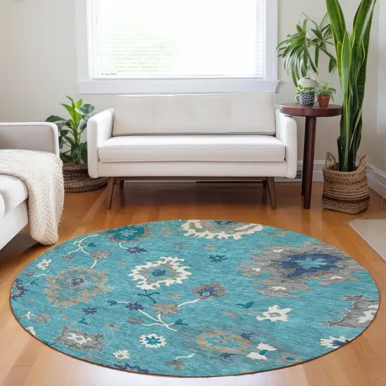 8' Teal Ivory And Gray Floral Medallion Washable Round Rug With UV Protection Photo 5