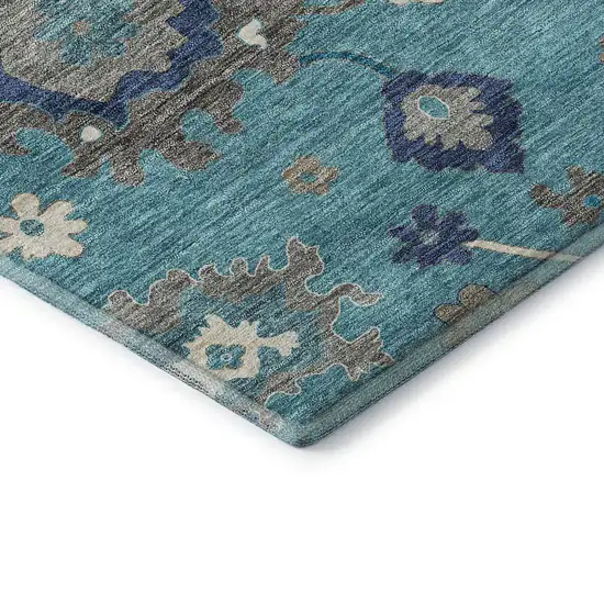 8' Teal Ivory And Gray Floral Medallion Washable Round Rug With UV Protection Photo 7