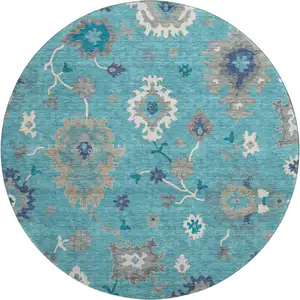 Photo of 8' Teal Ivory And Gray Floral Medallion Washable Round Rug With UV Protection