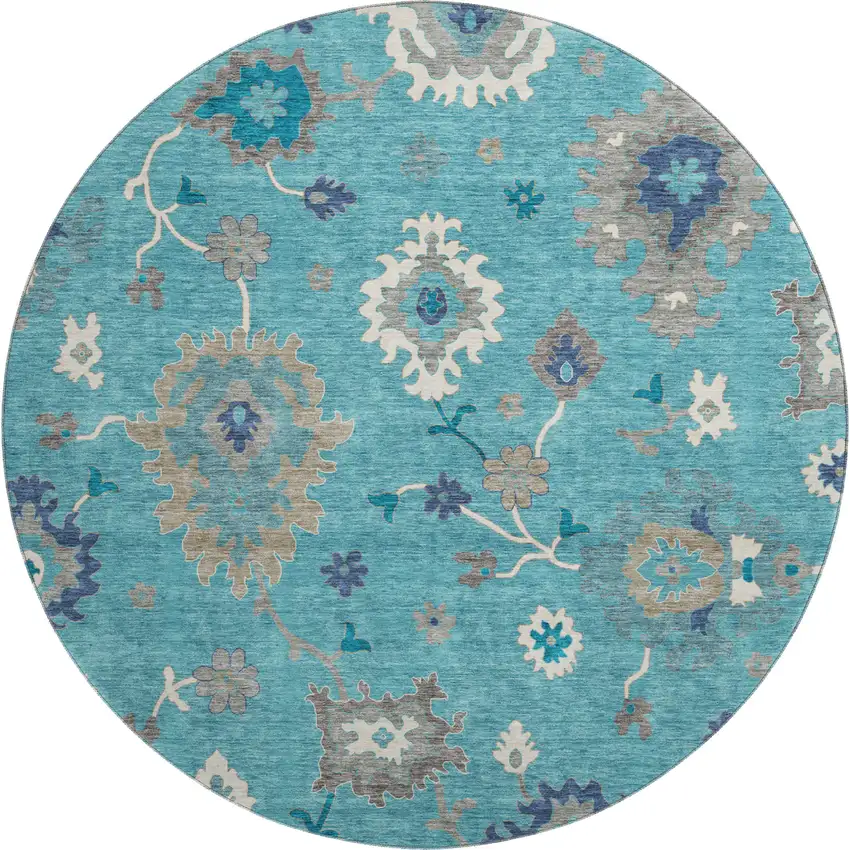 8' Teal Ivory And Gray Floral Medallion Washable Round Rug With UV Protection Photo 1