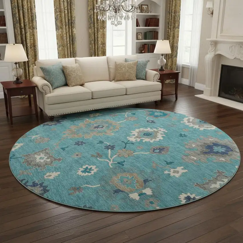 8' Teal Ivory And Gray Floral Medallion Washable Round Rug With UV Protection Photo 2